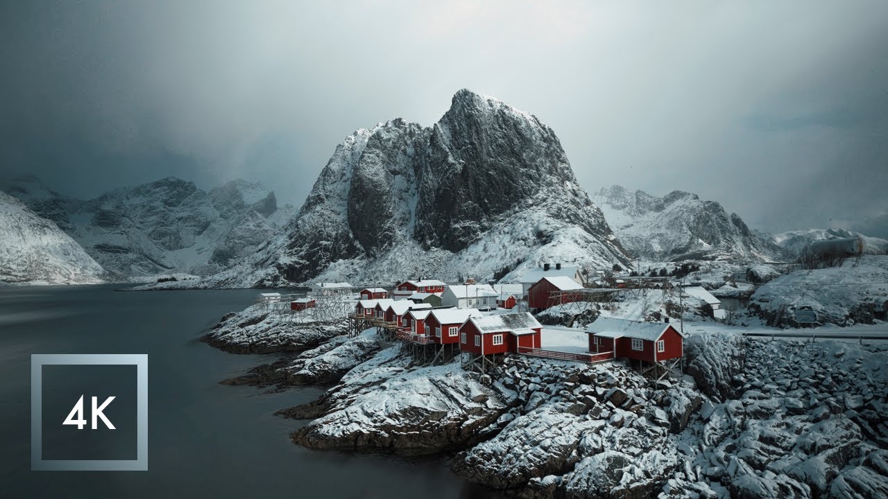 Snowfall in The Lofoten Islands, Norway, Nature Sounds for Sleep, Hamnøy and Reine | 4K